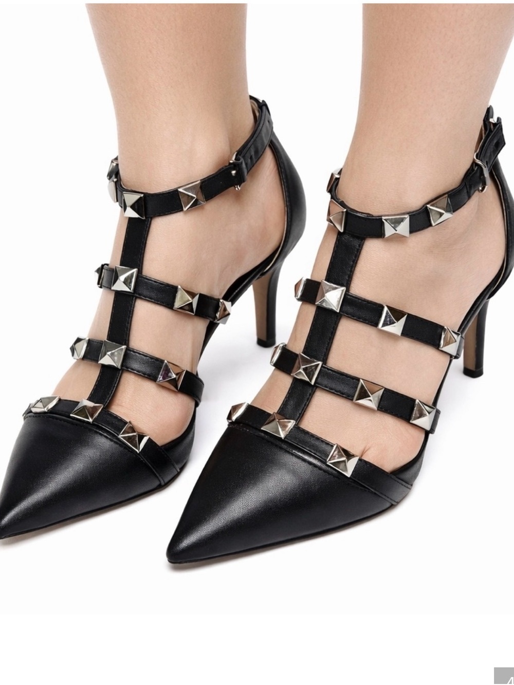 INC Studded Black Pointed-Toe Strappy Heels